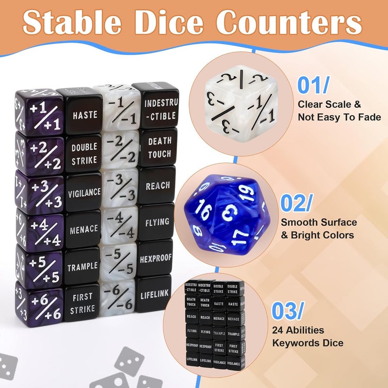 Anglekai 50PCS MTG Dice Counters, 24PCS Abilities Keywords/ 24P -1/+1 Buff Tokens/ 2P D20 Cube Dices/Storage Bag, MTG Counters for TCG Card Games - Image 3